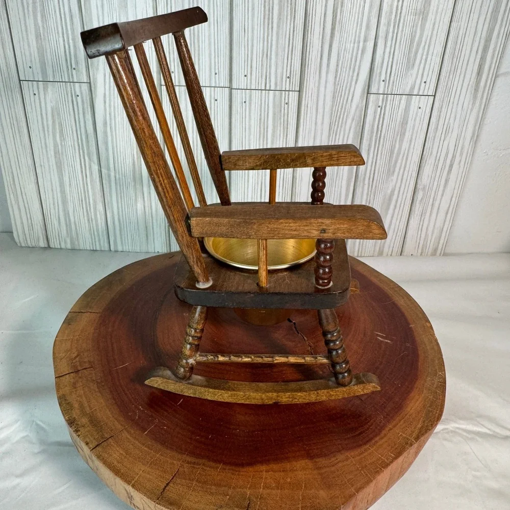 Vintage Miniature Wooden Rocking Potty Chair with Brass Insert Decor Planter